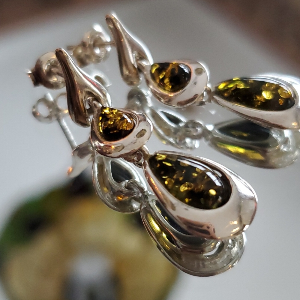 Sterling silver and amber drop post earrings